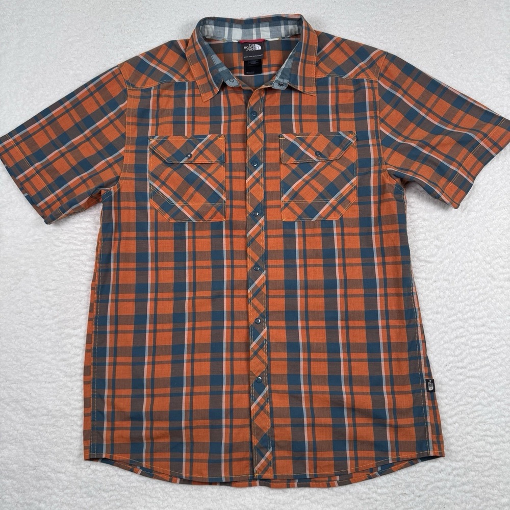 The North Face‎ Snap Shirt Mens M Orange Plaid Short Sleeve Outdoor Casual